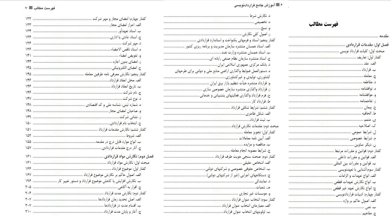 فهرست مطالب کتاب آموزش جامع قراردادنویسی